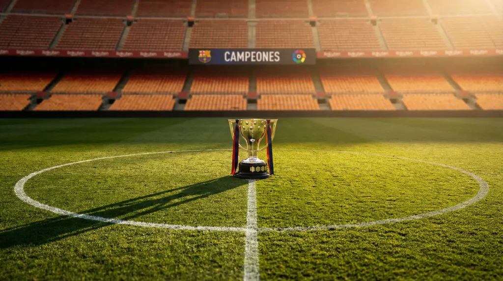 Trofeo de campeón de LaLiga sobre césped de estadio de fútbol español