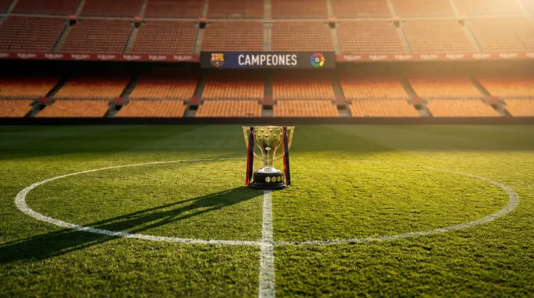 Trofeo de campeón de LaLiga sobre césped de estadio de fútbol español
