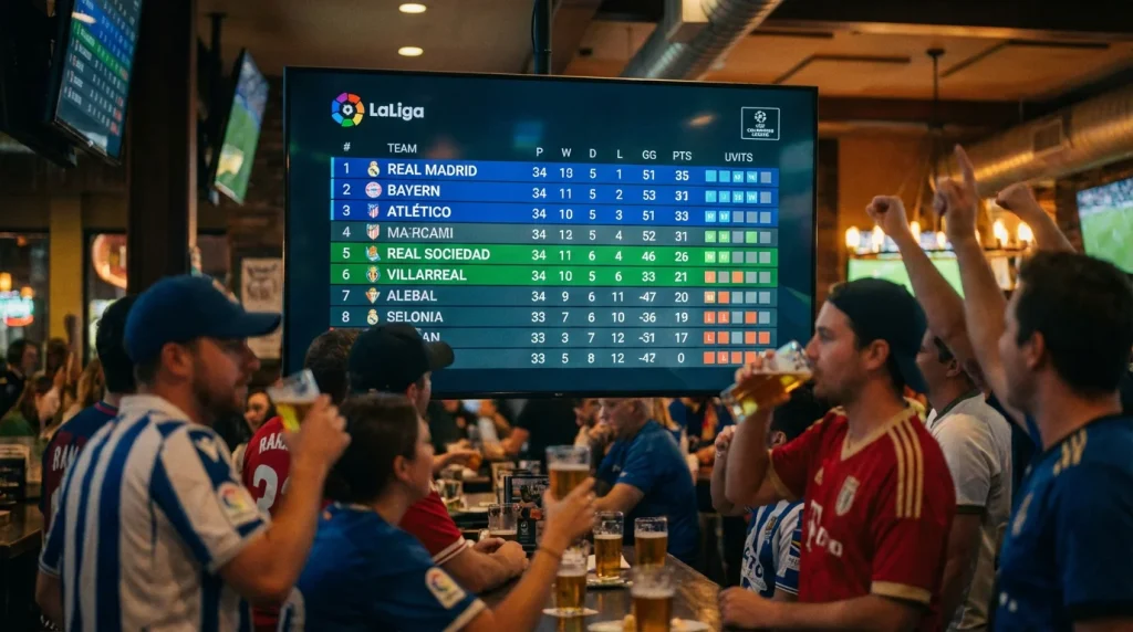 Tabla de clasificación de LaLiga proyectada en una pantalla con los puestos europeos destacados en color