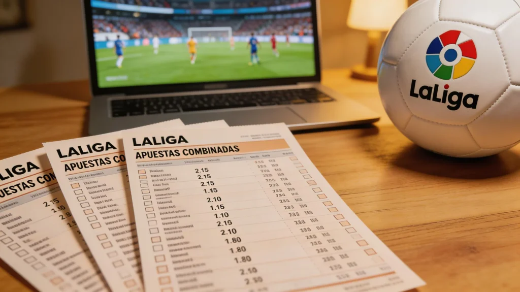 Varios boletos de apuestas deportivas sobre una mesa junto a un balón de fútbol y un televisor mostrando un partido de LaLiga