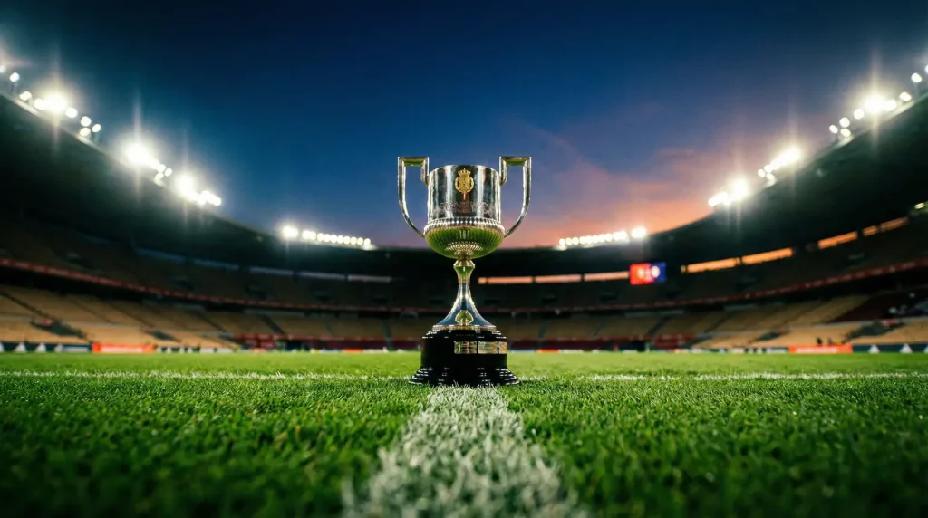 Trofeo de la Copa del Rey sobre el césped de un estadio de fútbol iluminado por focos nocturnos