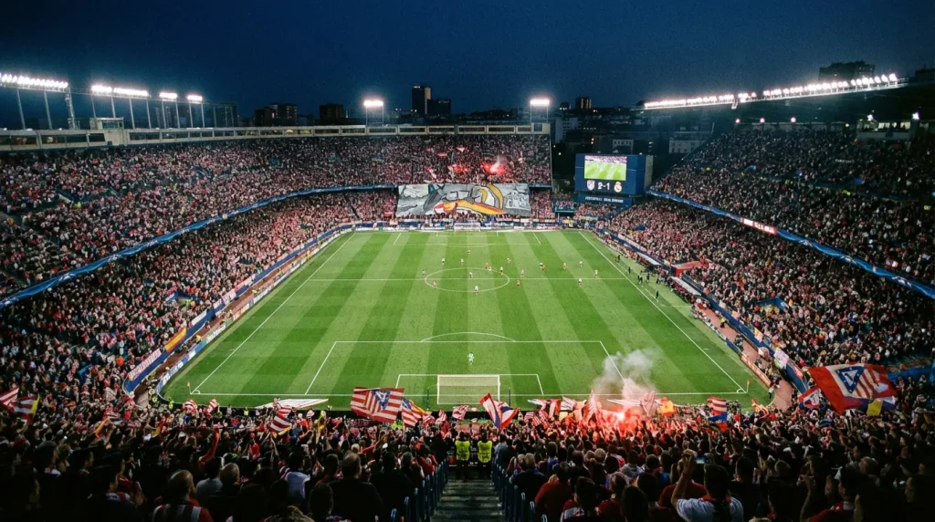 Estadio de fútbol español lleno de público durante un partido nocturno de LaLiga