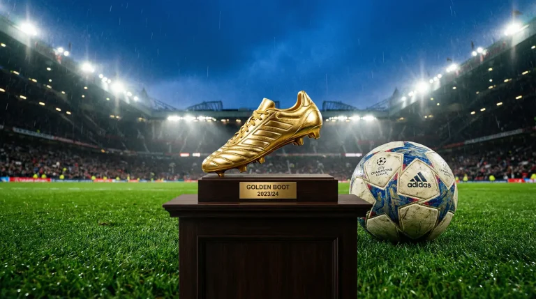Bota de fútbol dorada junto a un balón de LaLiga sobre césped de estadio