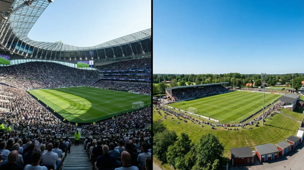 Dos campos de fútbol de diferente categoría vistos desde la grada de un estadio español