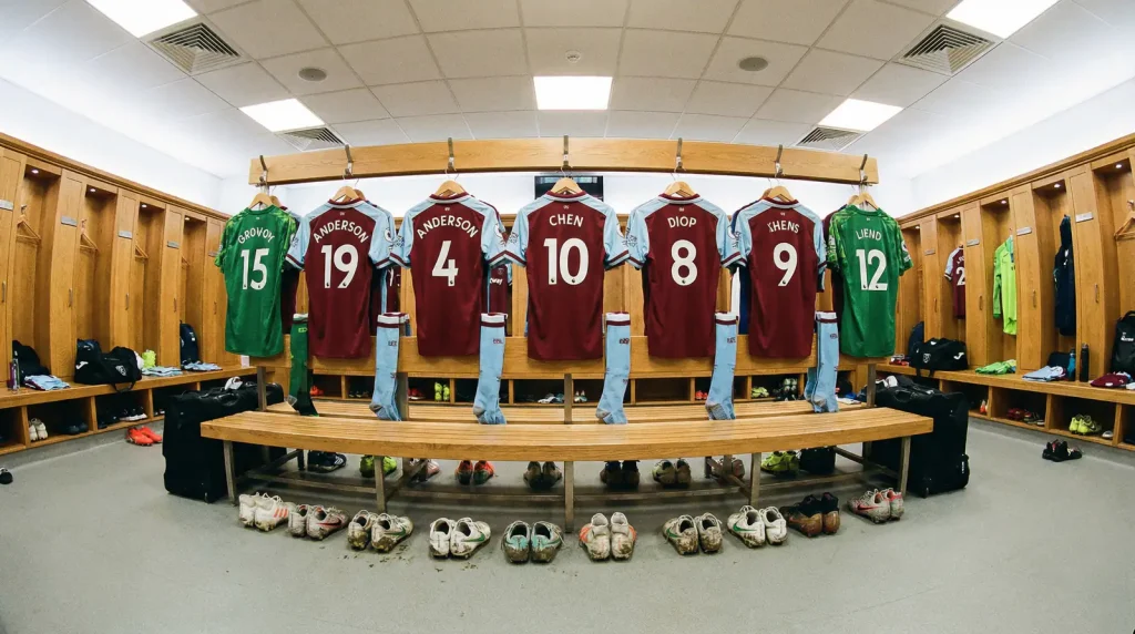 Vestuario de equipo de fútbol de primera división con equipaciones nuevas de temporada
