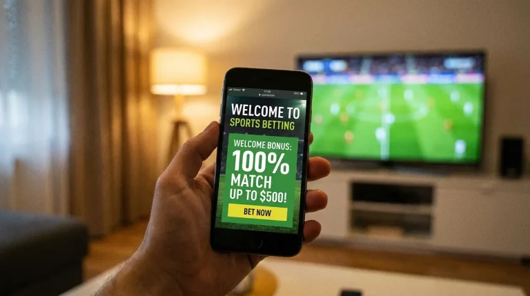 Pantalla de teléfono móvil mostrando una promoción de bono de bienvenida de una casa de apuestas deportivas
