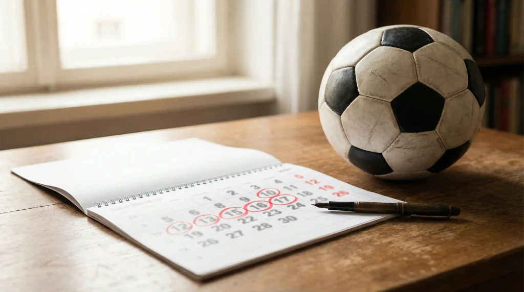 Calendario deportivo con fechas de partidos de fútbol marcadas junto a un balón de fútbol sobre un escritorio