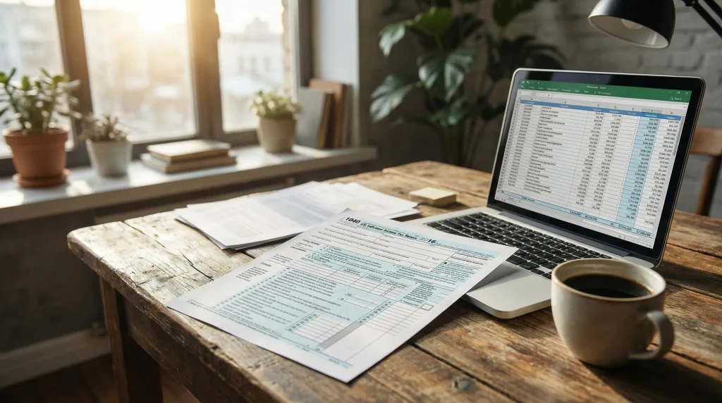 Formulario de declaración fiscal junto a un portátil con datos de apuestas deportivas
