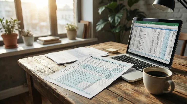 Formulario de declaración fiscal junto a un portátil con datos de apuestas deportivas