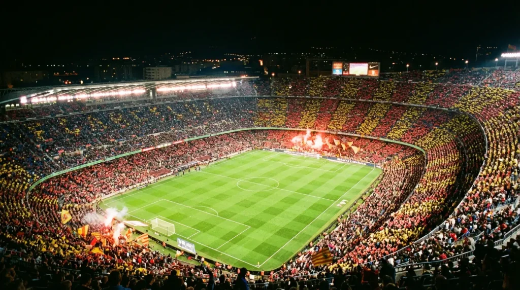 Estadio de fútbol lleno de espectadores durante un partido nocturno de LaLiga con el césped iluminado