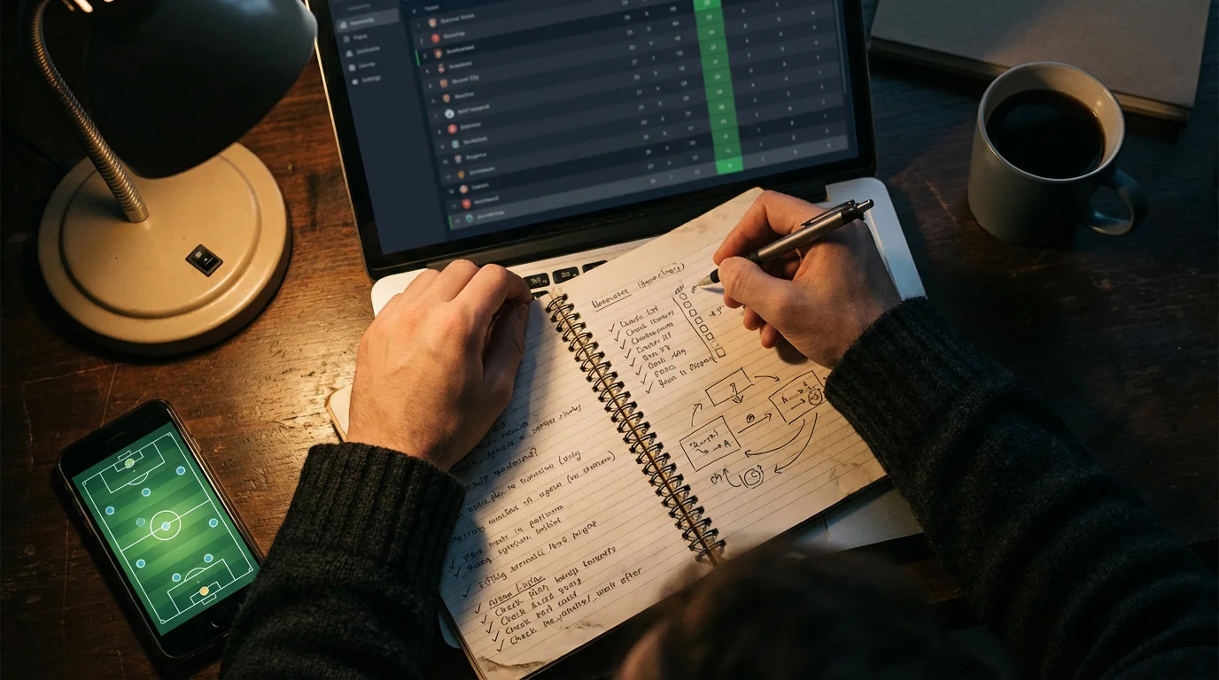 Cuaderno de notas con análisis estadístico de partidos de LaLiga junto a un portátil con datos de cuotas