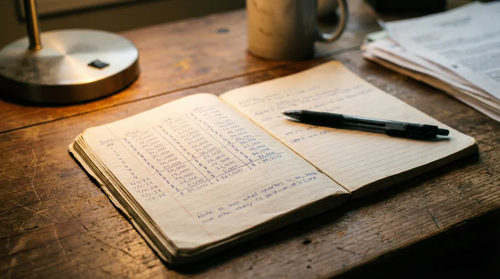 Cuaderno abierto con anotaciones y tablas numéricas junto a un bolígrafo sobre un escritorio de madera