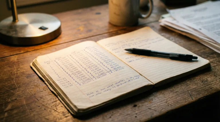 Cuaderno abierto con anotaciones y tablas numéricas junto a un bolígrafo sobre un escritorio de madera
