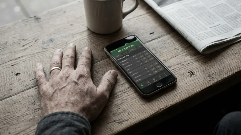 Mano apoyada sobre mesa con teléfono móvil mostrando una aplicación de apuestas