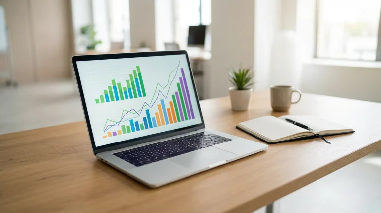 Pantalla de ordenador portátil mostrando gráficos de barras con datos financieros del mercado de juego online en España