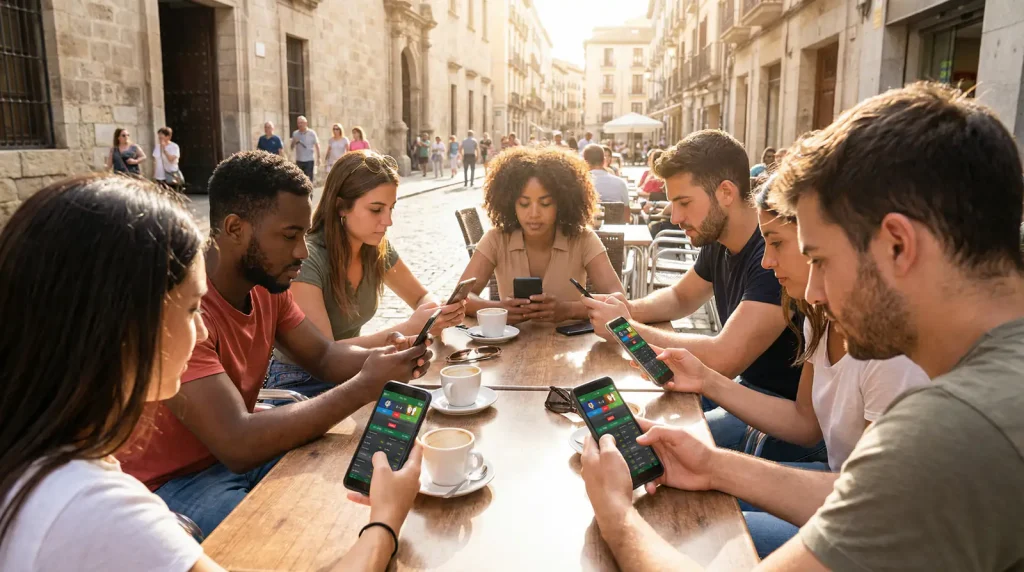 Grupo diverso de personas consultando apuestas deportivas en sus teléfonos móviles en una terraza de bar