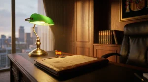 Escudo institucional junto a un documento oficial sobre una mesa de despacho, representando la regulación del juego seguro en España