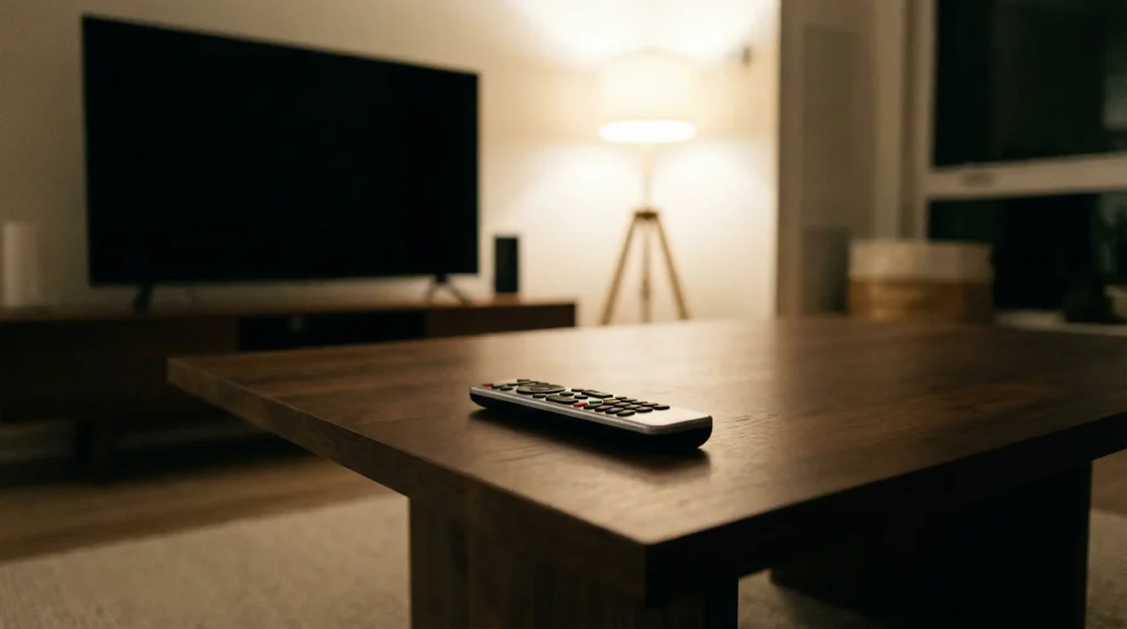 Pantalla de televisión apagada en un salón con un mando a distancia sobre una mesa, representando las restricciones publicitarias de apuestas deportivas en España