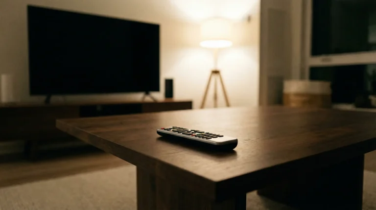 Pantalla de televisión apagada en un salón con un mando a distancia sobre una mesa, representando las restricciones publicitarias de apuestas deportivas en España