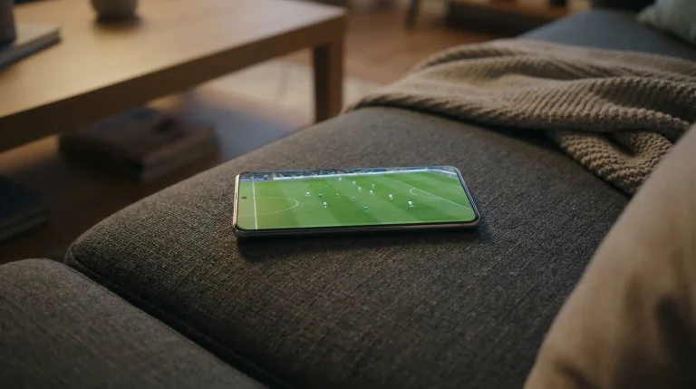 Teléfono móvil mostrando la retransmisión en directo de un partido de fútbol sobre un sofá